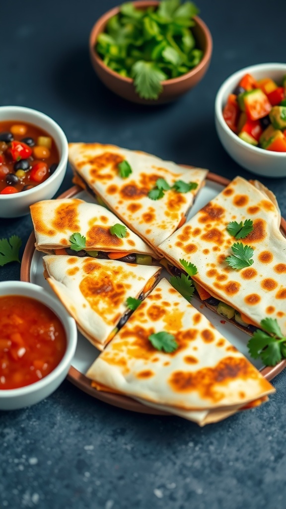 Crispy vegan quesadillas with black beans and bell peppers, garnished with cilantro, served with salsa and guacamole.